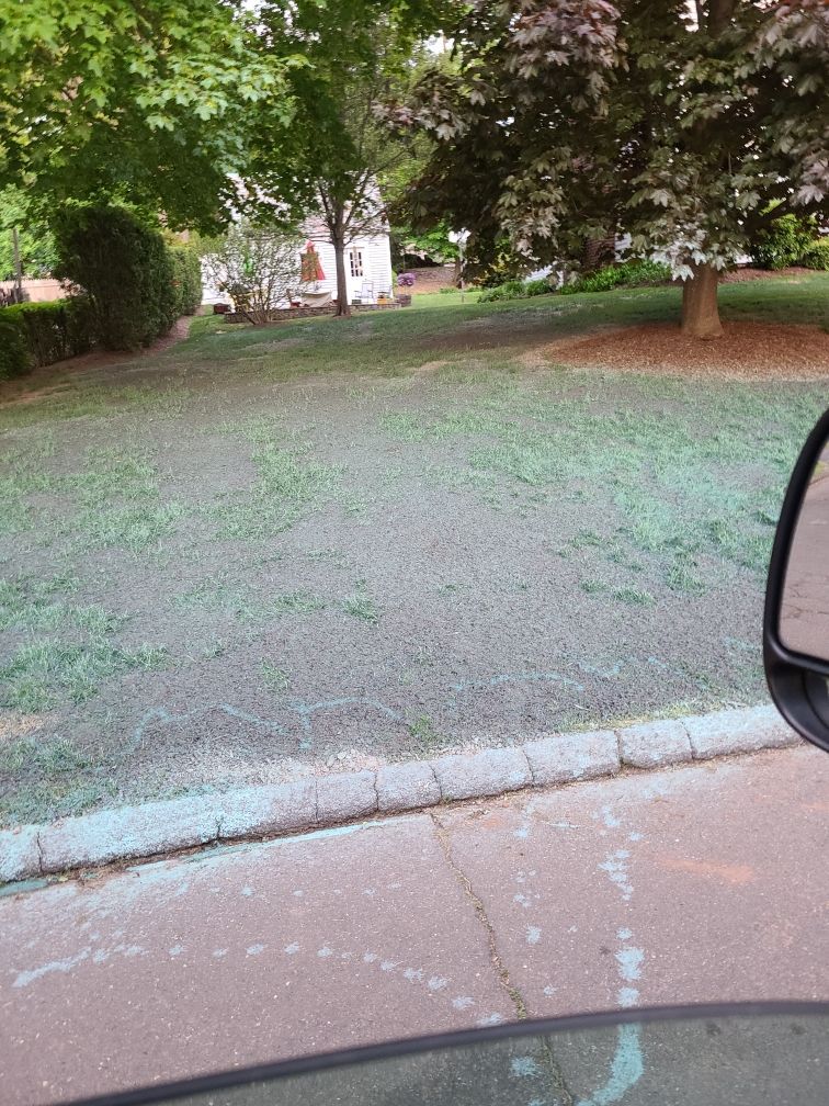 A car is driving down a street next to a grassy field.
