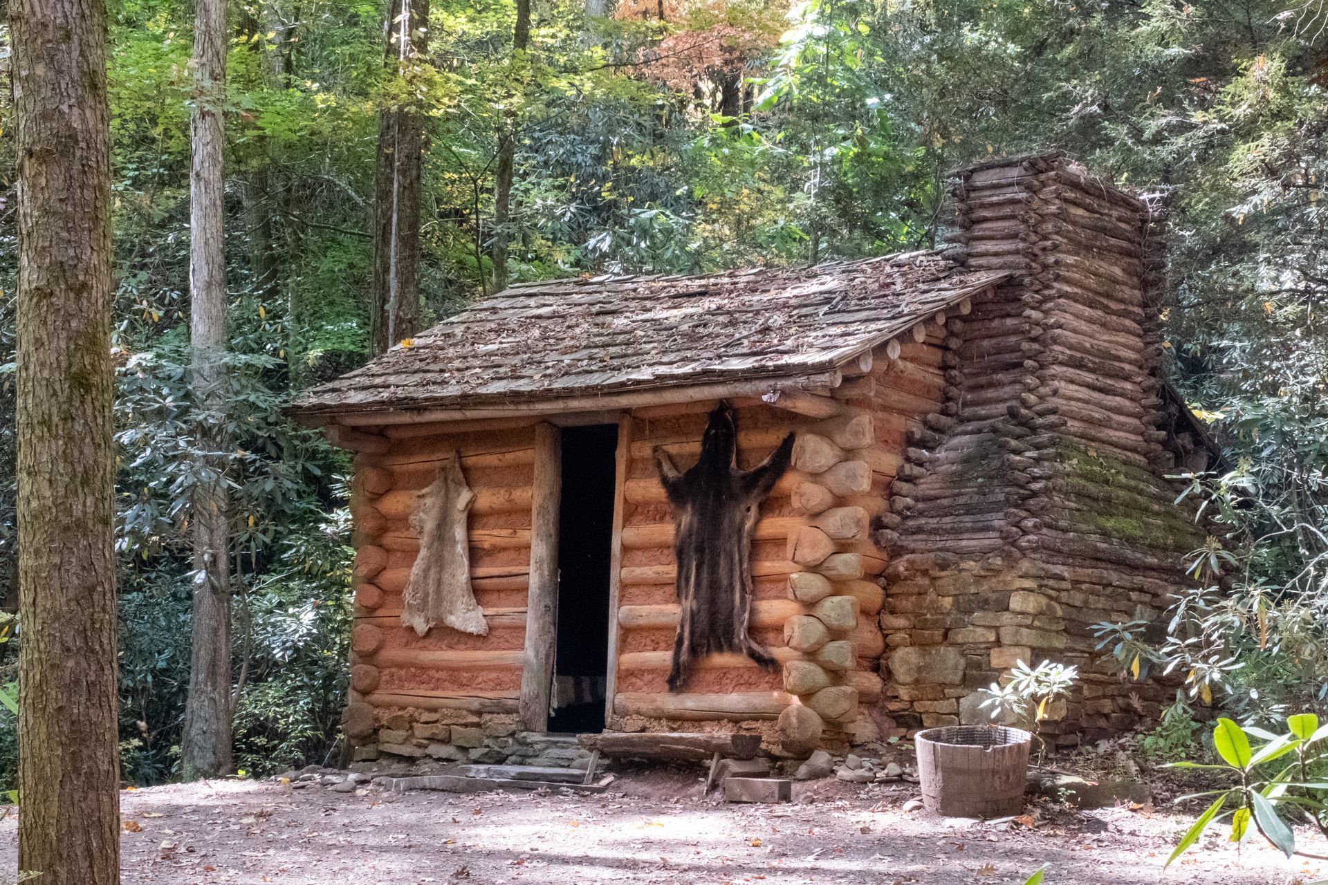 Log cabin in a forest, featuring a stone chimney and animal hides hanging by the door.