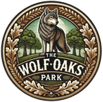 Logo: Wolf standing in a park, text 