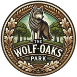 Logo: Wolf standing in a park, text 