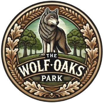 Logo: Wolf standing in a park, text 