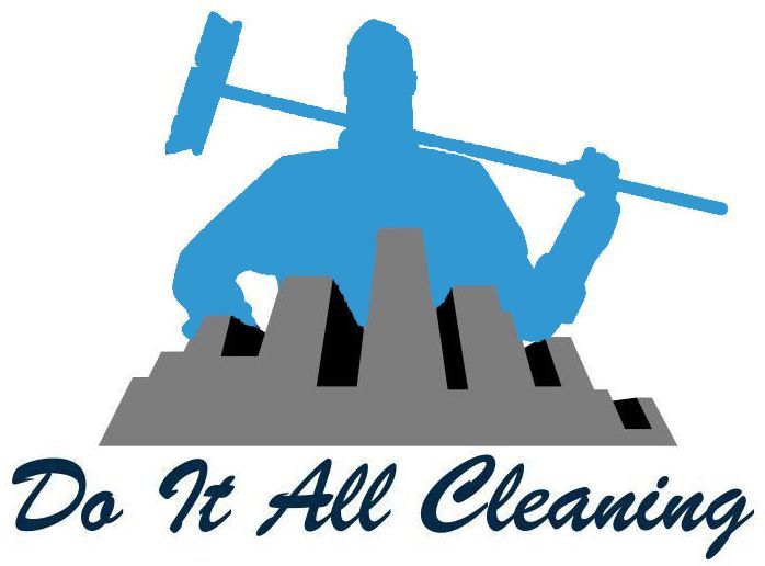 A logo for do it all cleaning with a man holding a broom