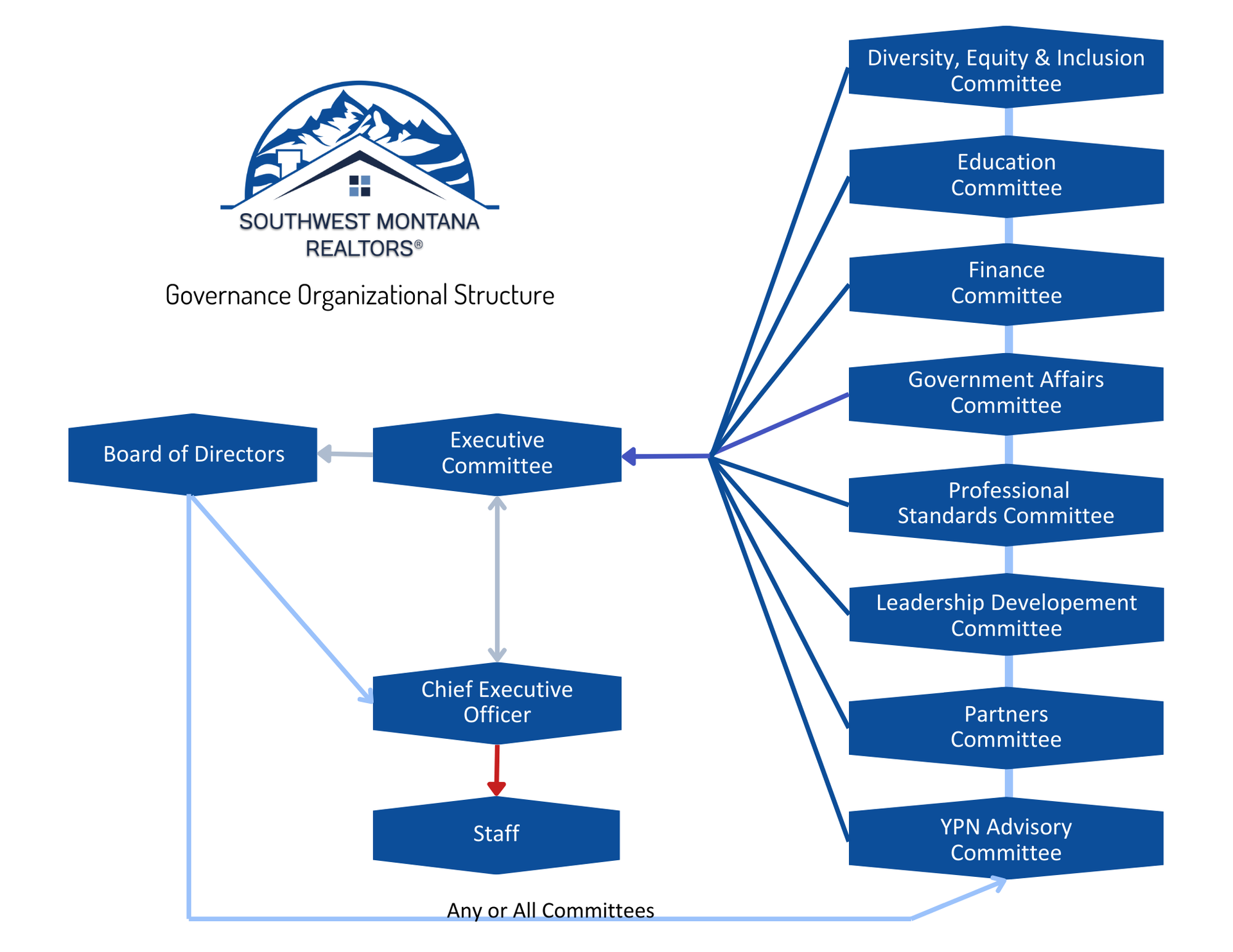 A diagram of the governance organizational structure of the Gallatin Association of REALTORS®