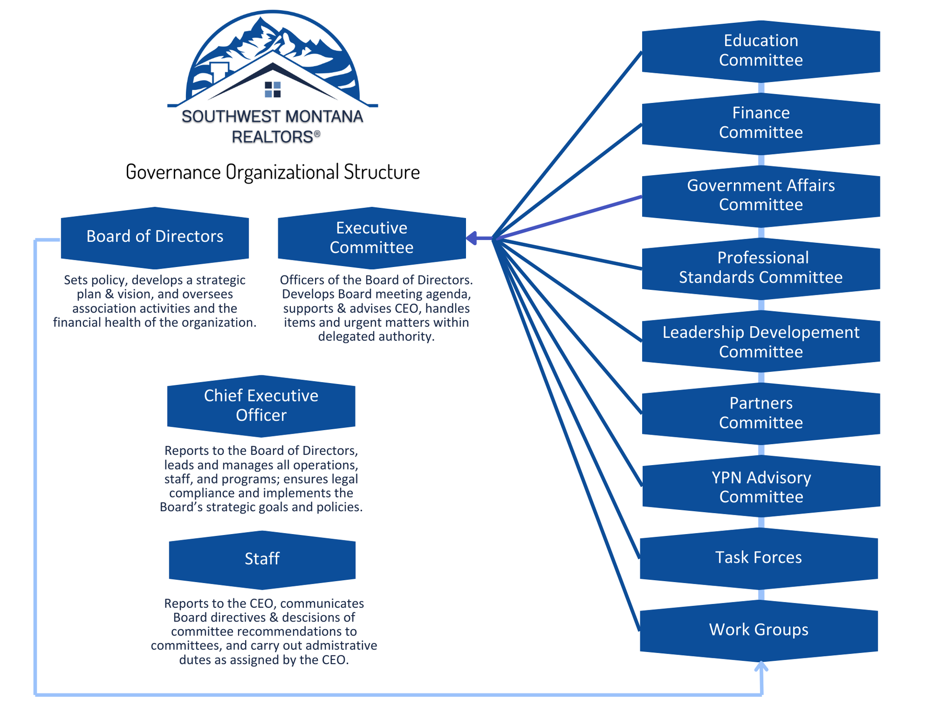 A diagram of the governance organizational structure of the Gallatin Association of REALTORS®