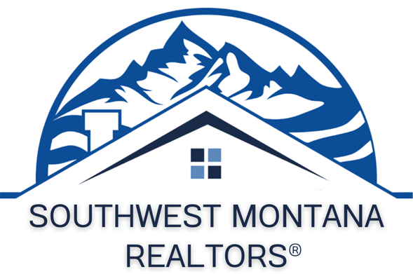 A blue and white logo for the galatin association of realtors