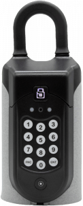 A black and silver lock with a remote control on a white background.