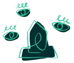 A drawing of a house with three eyes surrounding it.