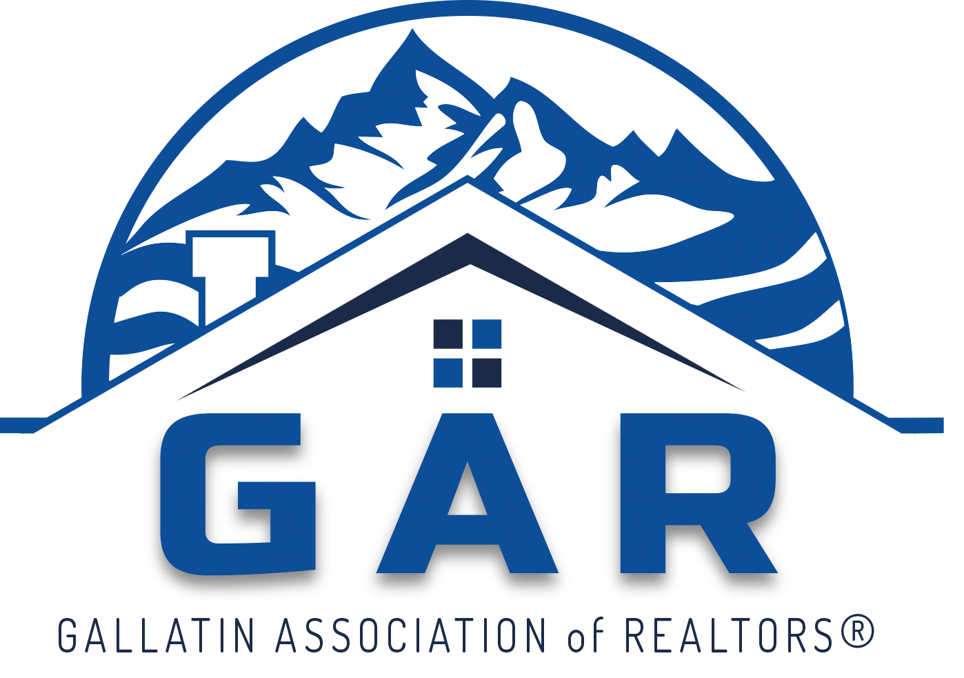 A blue and white logo for the galatin association of realtors