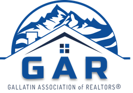 A blue and white logo for the galatin association of realtors