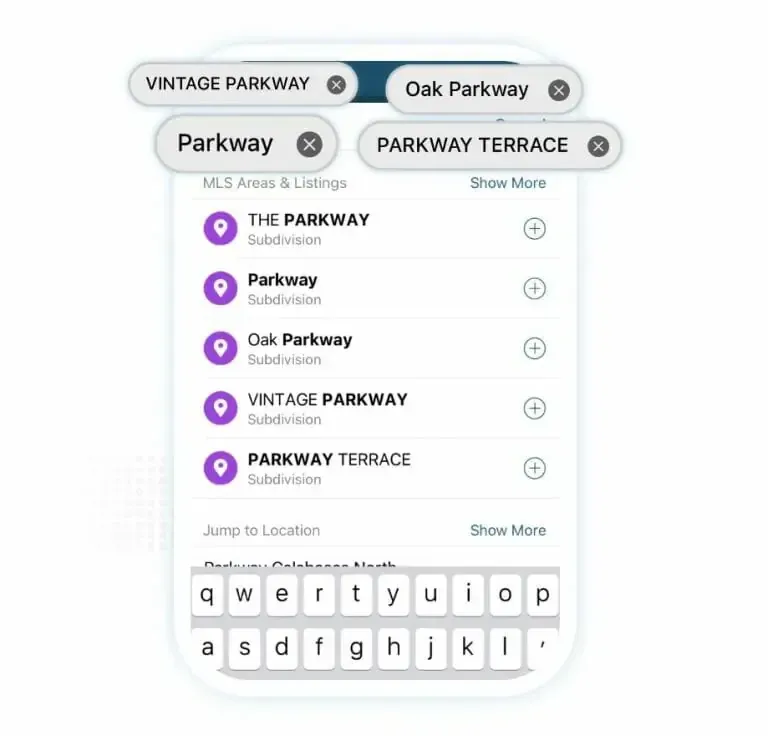 A phone screen shows a list of parkways including vintage parkway and oak parkway