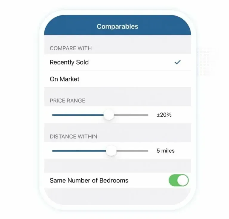 A cell phone with a screen that says compare with recently sold on market price range distance within and same number of bedrooms.