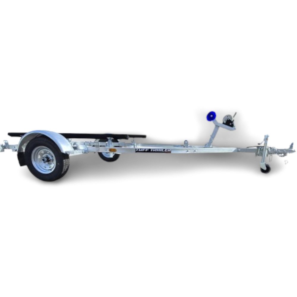 Boat trailer, silver frame, black fender and tires, blue winch, white background.