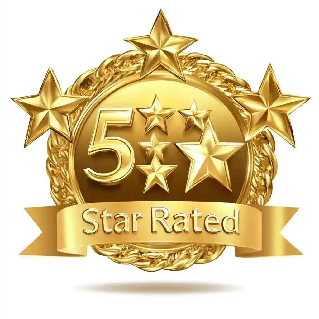 A gold emblem with five stars and a ribbon that says `` star rated ''.