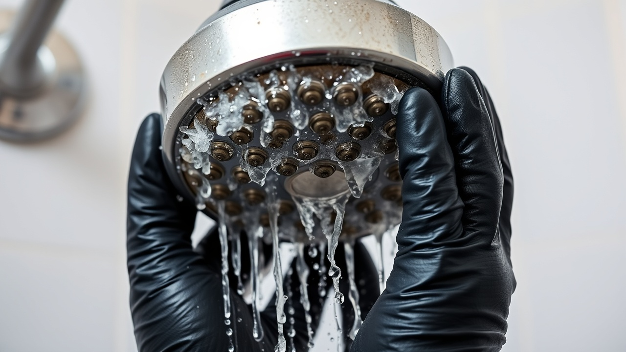 A person wearing black gloves is holding a shower head with water coming out of it.