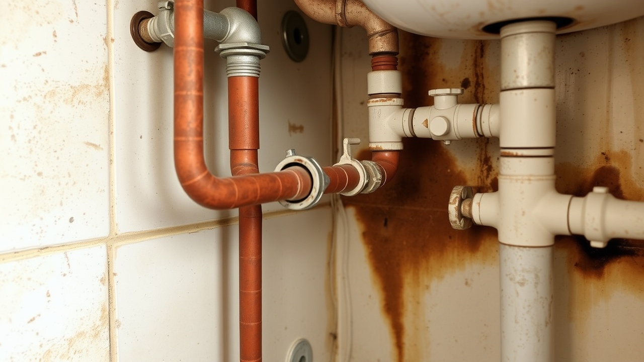 A bathroom sink with copper pipes underneath it.