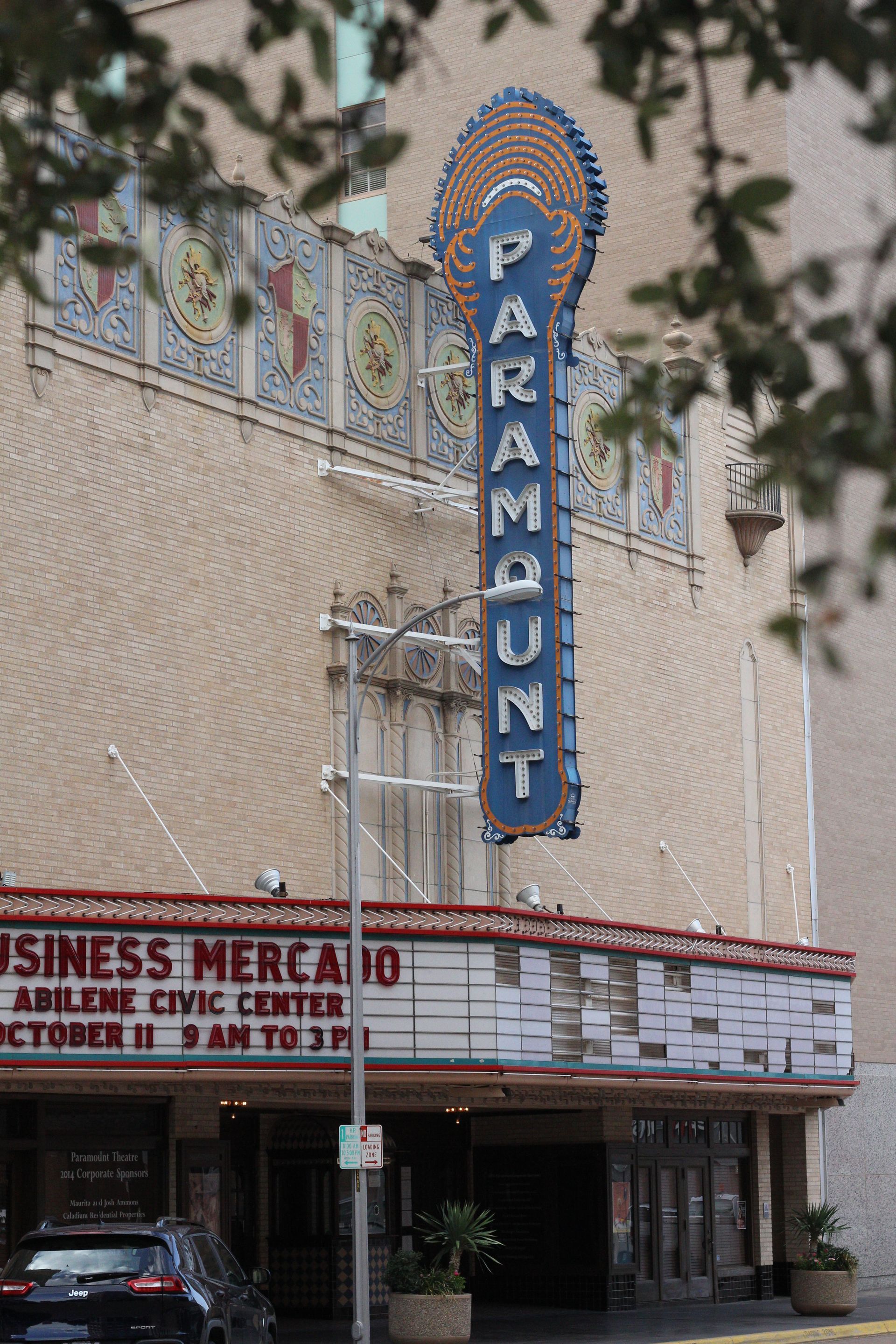 Paramount Theatre historic marquee and facade on Cypress Street in downtown Abilene, Texas.
