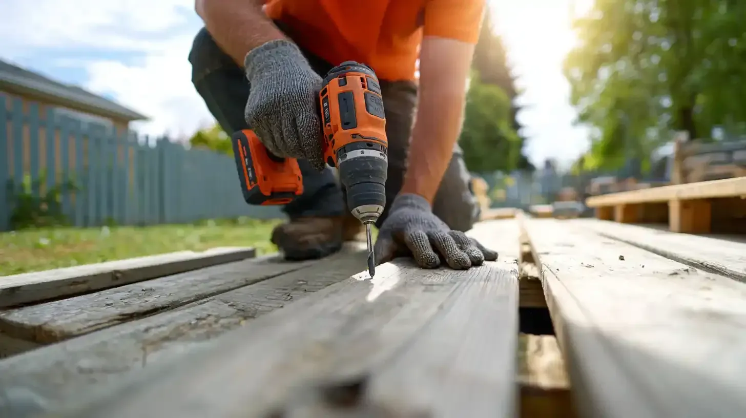 Handyman using a drill to remove planks and repair an outdoor deck before holiday guests arrive. 