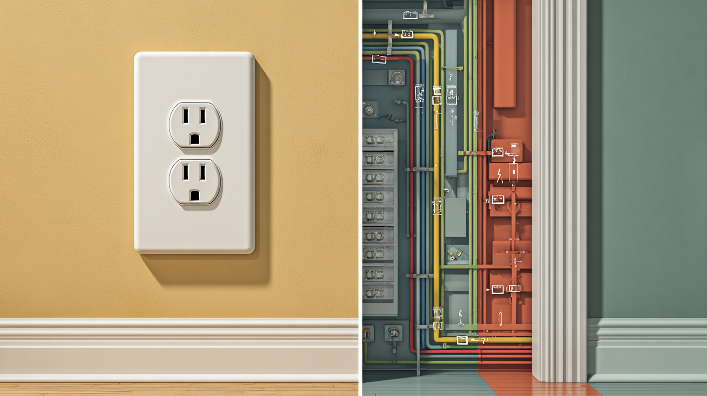 Electrical outlet on yellow wall next to open doorway revealing wiring and pipes.