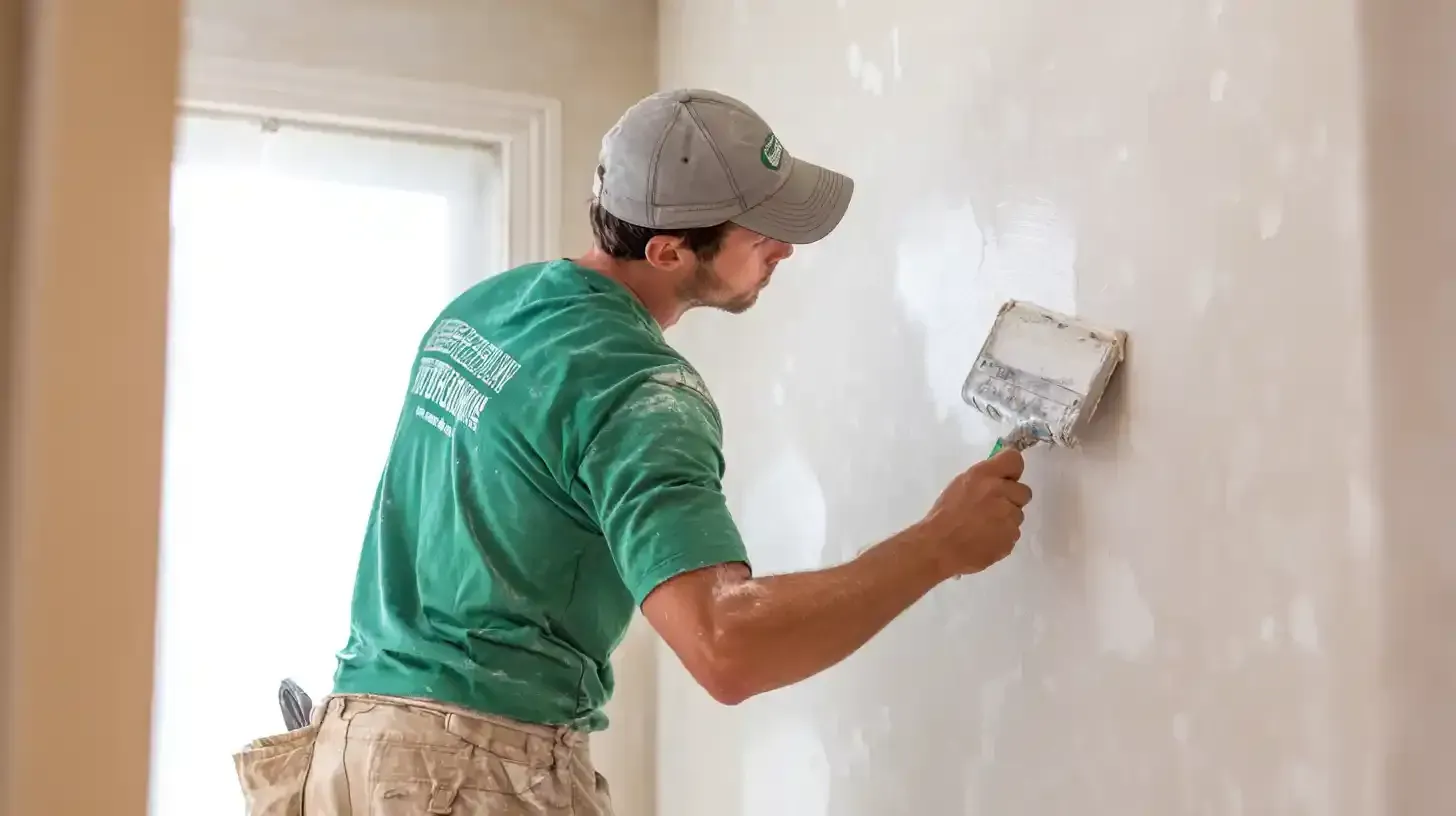 Handyman wearing a cap and green shirt using a putty knife to apply compound to a wall.