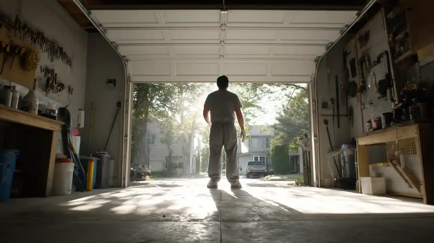 Man standing in garage doorway, facing bright sunlight, tools and workbenches visible.