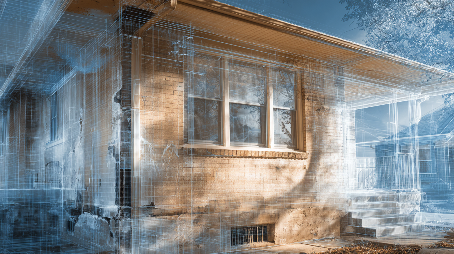 A weathered home with porch, overlayed with a x-ray internal view. Home bathed in sunlight.