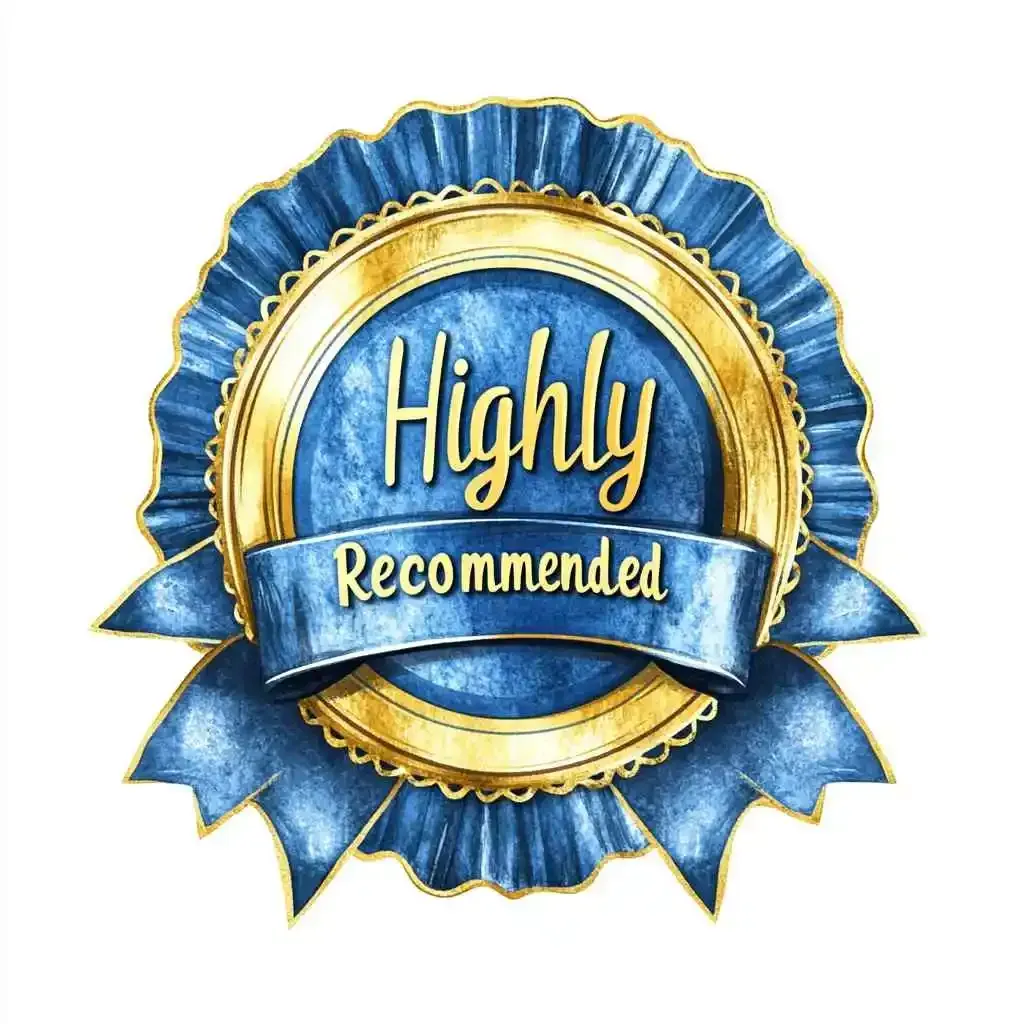 A highly recommended badge with a blue ribbon on a white background.