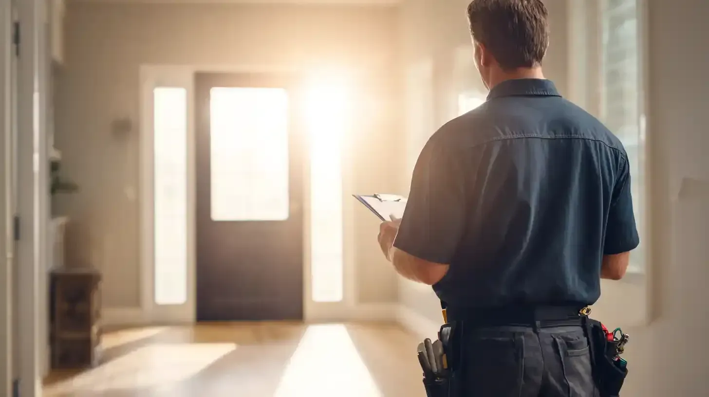 Person in blue shirt holds clipboard, facing a sunlit doorway; inspecting a home.