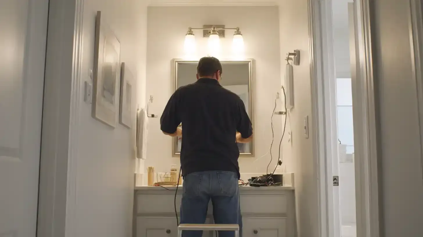 Handyman standing at bathroom vanity, installing new fixture and bulbs before holiday guests arrive.