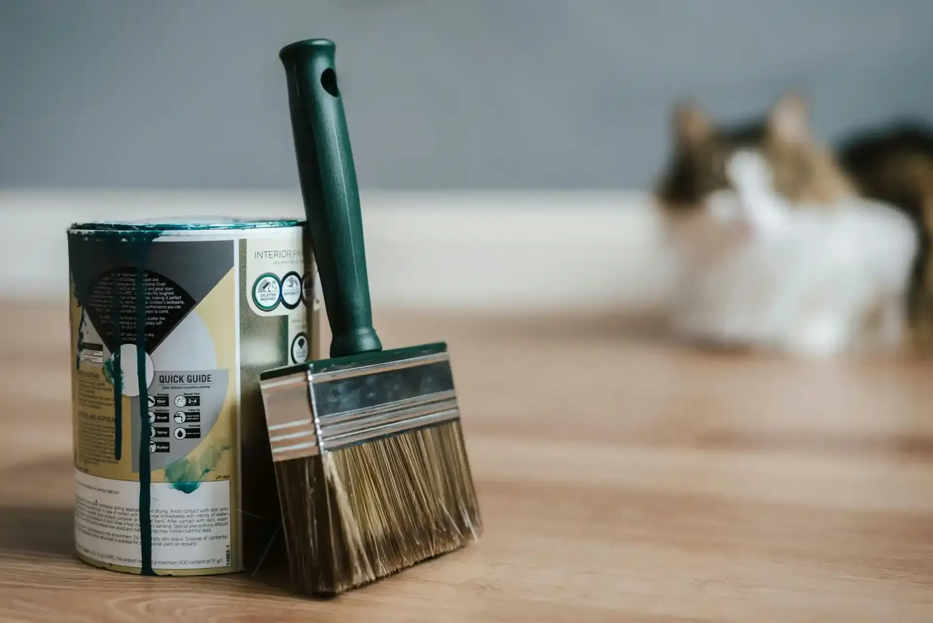 A can of paint and two brushes on a wooden table with a cat in the background.