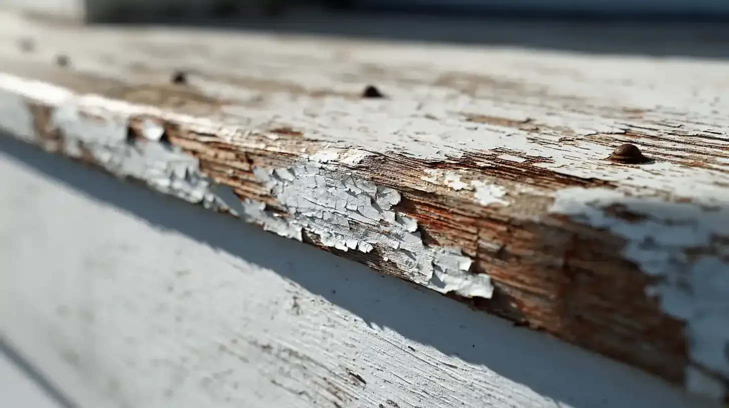 Peeling paint on fascia board showing UV damage on an Abilene home exterior