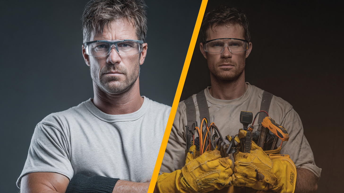 Two men, one clean, the other covered in dirt, wearing safety glasses, and holding tools.