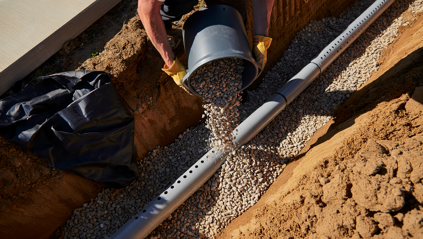Professional foundation drainage installation in September preventing costly winter water damage for Abilene homeowners with French drain system.