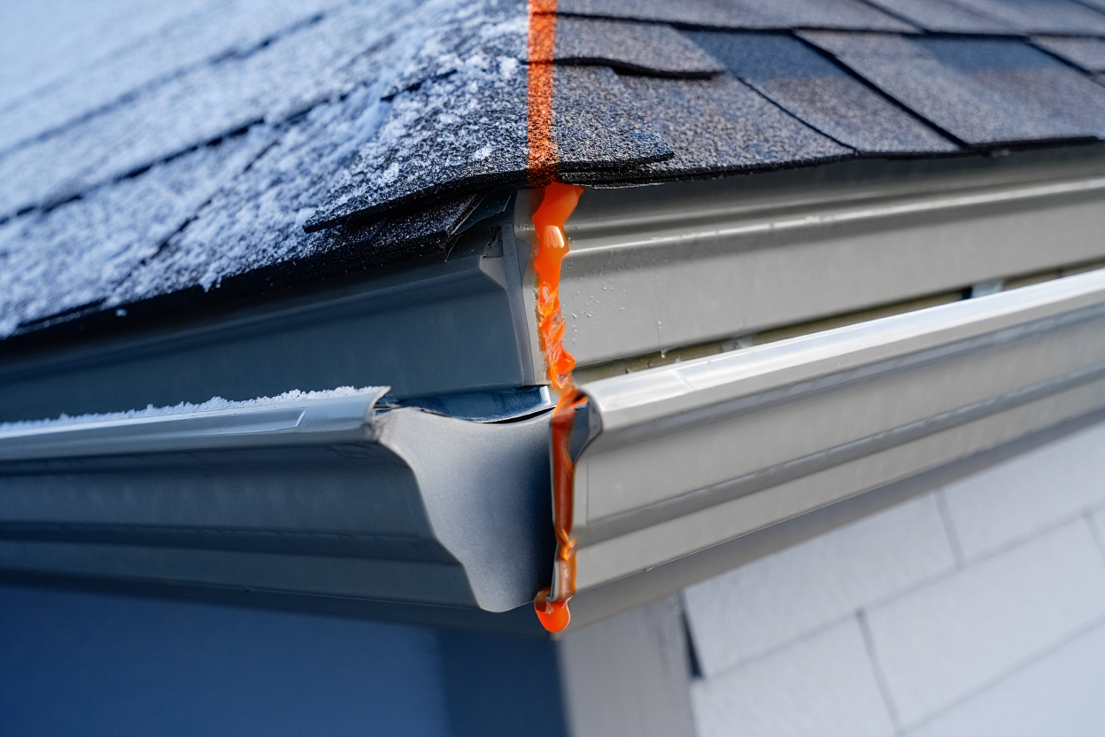 Clogged gutter overflow in September showing costly winter preparation mistake Abilene homeowners make before freezing weather