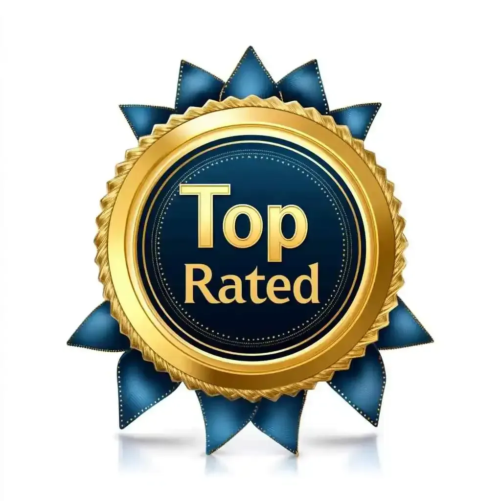 A gold medal with a blue ribbon that says top rated