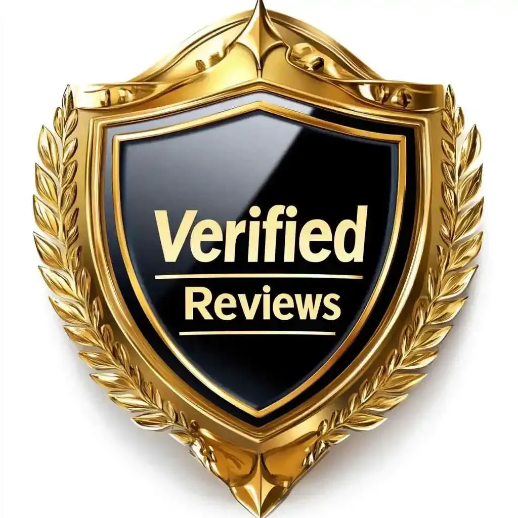 A gold shield with the words verified reviews on it