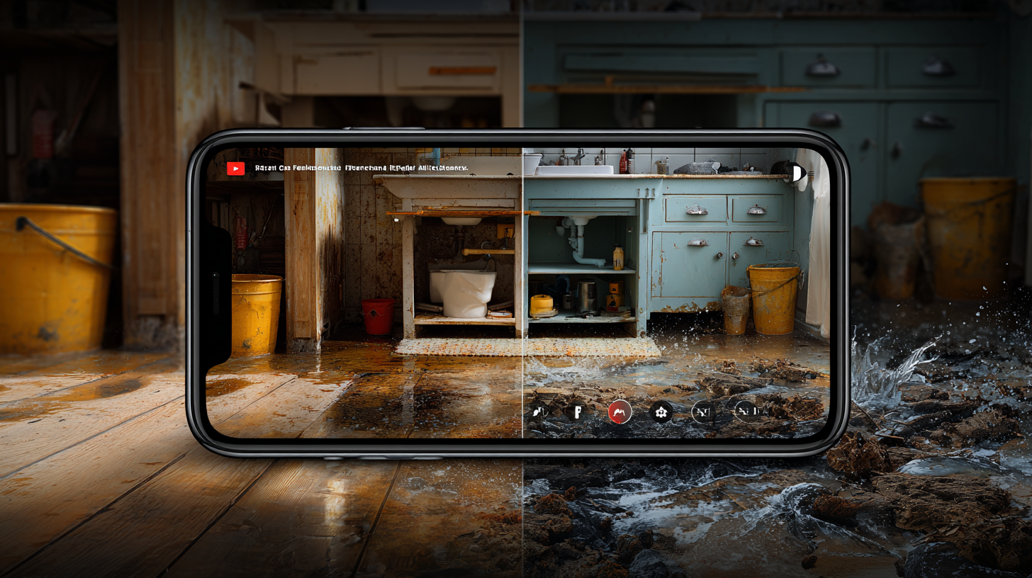 Smartphone screen showing interior flooded room, split view: before (left), after (right) water damage.
