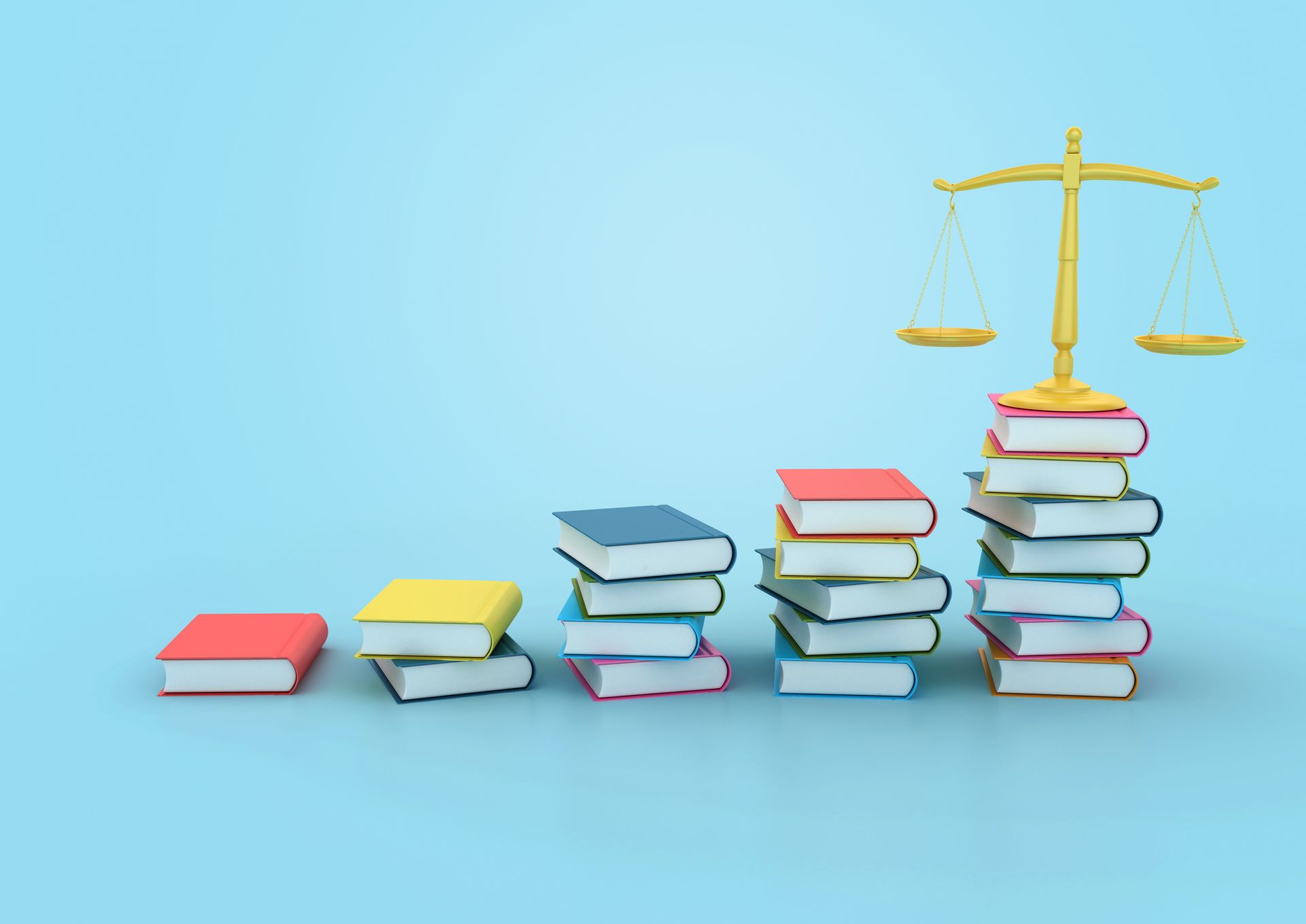 Scales of justice atop a stack of books; increasing stacks of books lead up to the scales, on a blue background.
