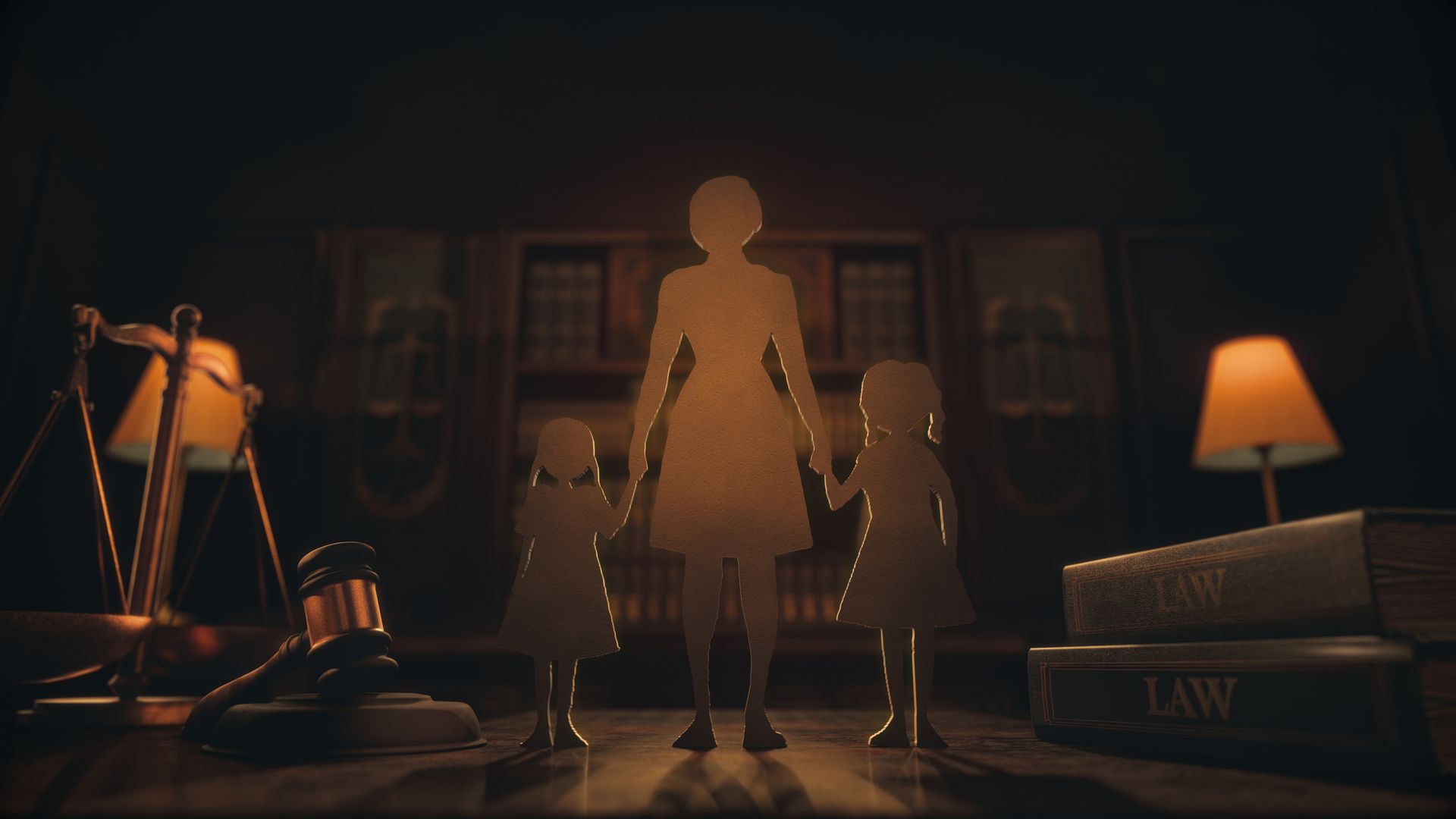 Silhouette of a mother and two children in a lawyer’s office, next to a scale and law books.