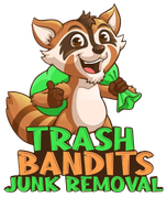 A raccoon is holding a green bag and giving a thumbs up for trash bandits junk removal.