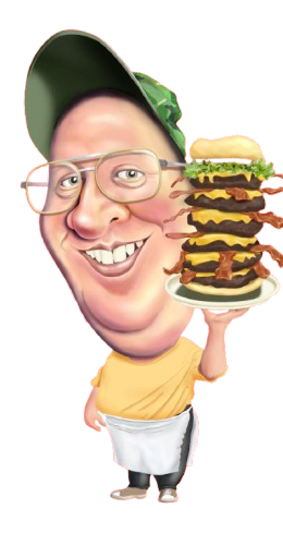 Caricature of a smiling person holding a tall burger with bacon. They wear a green cap, glasses, yellow shirt, and apron.
