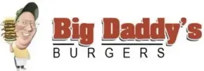 Logo for Big Daddy's Burgers, with caricature of a man holding a large burger and the business name.