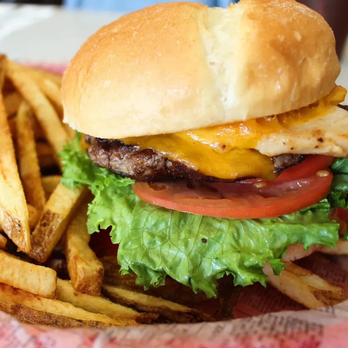 Burger with fries: beef patty, melted cheese, tomato, lettuce, and chicken on a bun, with fries on the side.