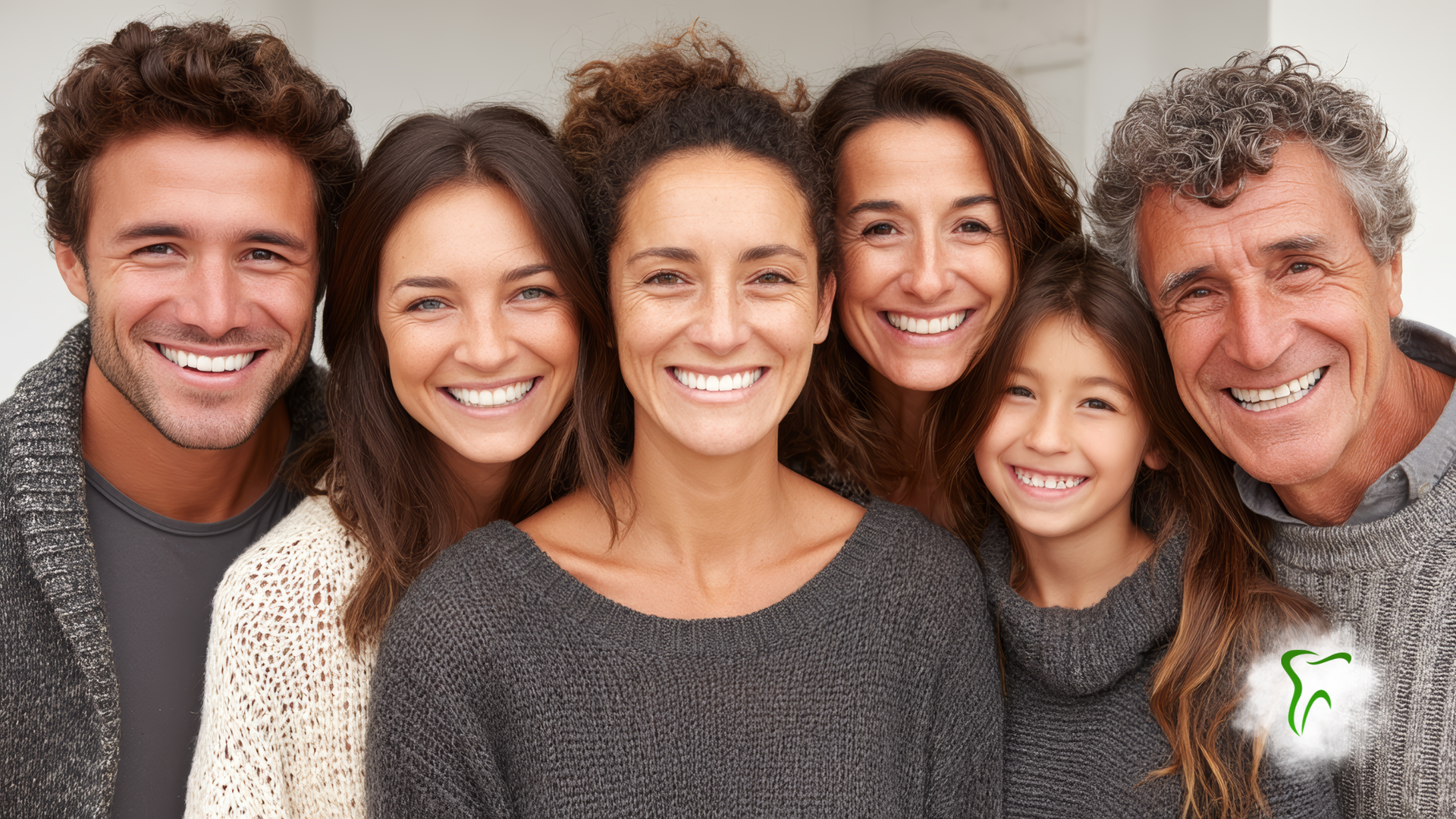Group of people smiling, wearing sweaters, possibly outdoors.