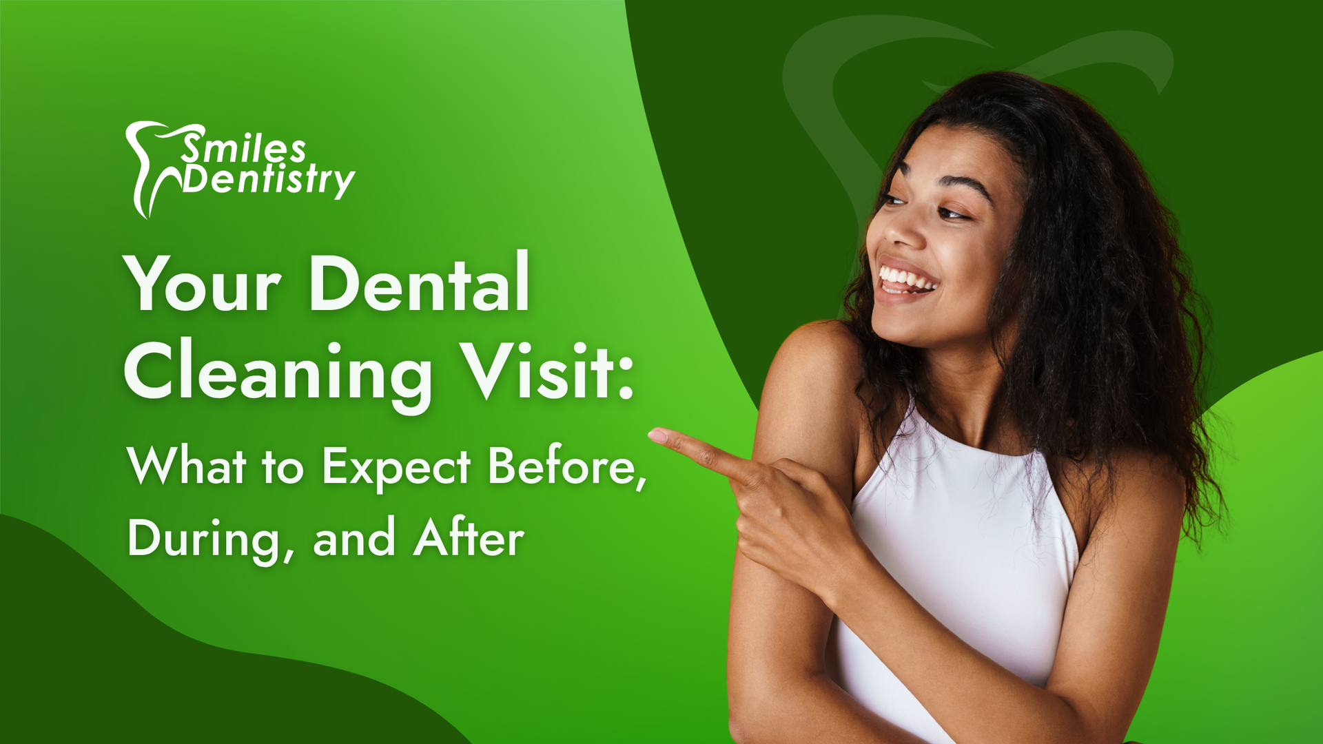 Smiling woman points at text: