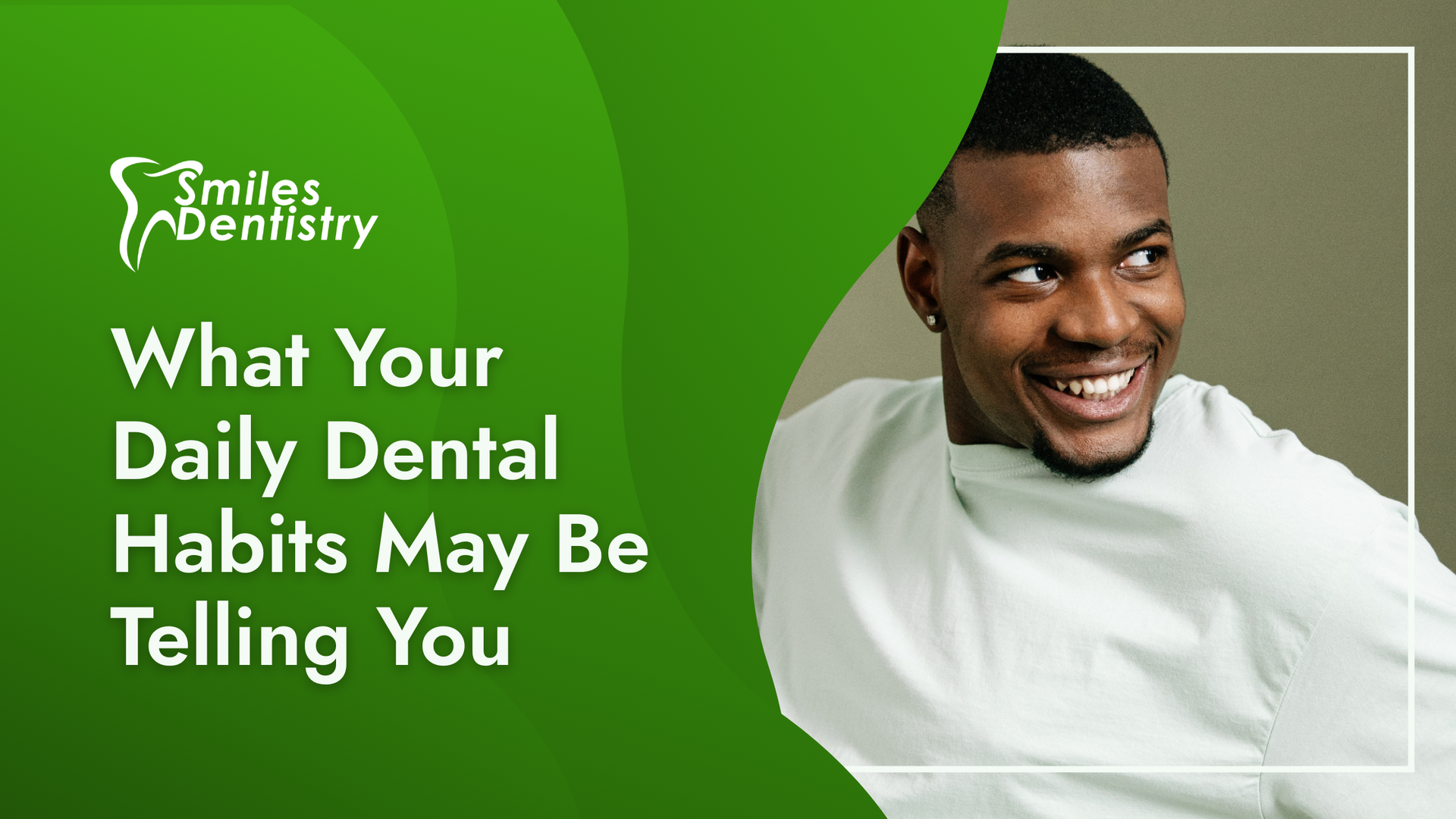 A man smiles in a dental clinic ad, next to text: 