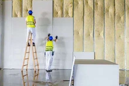 Construction Workers Installing Plasterboards on a Wall — McNamara's Frames & Trusses In Forster, NSW