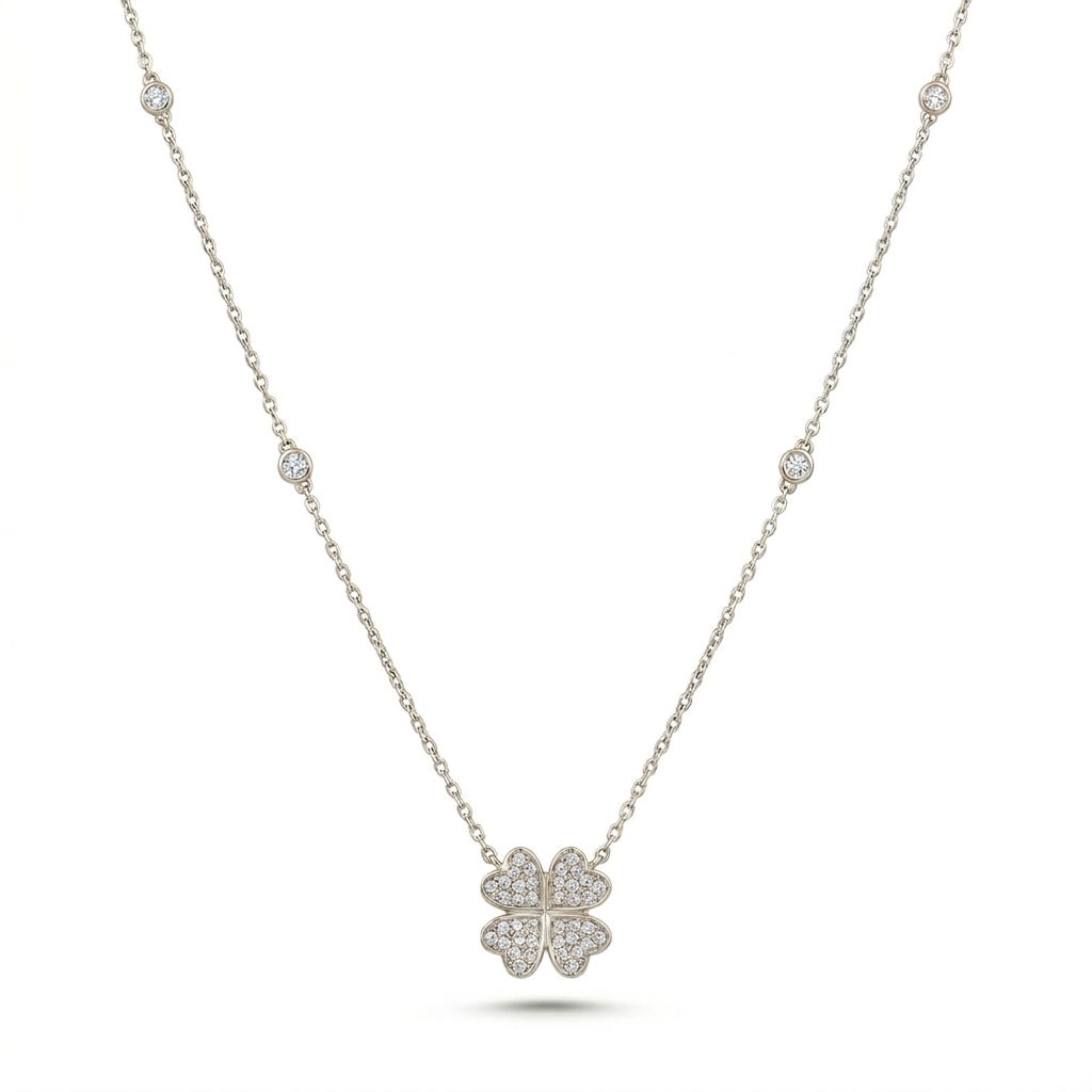 TEST .20ct Clover Diamond Necklace 18K White Gold