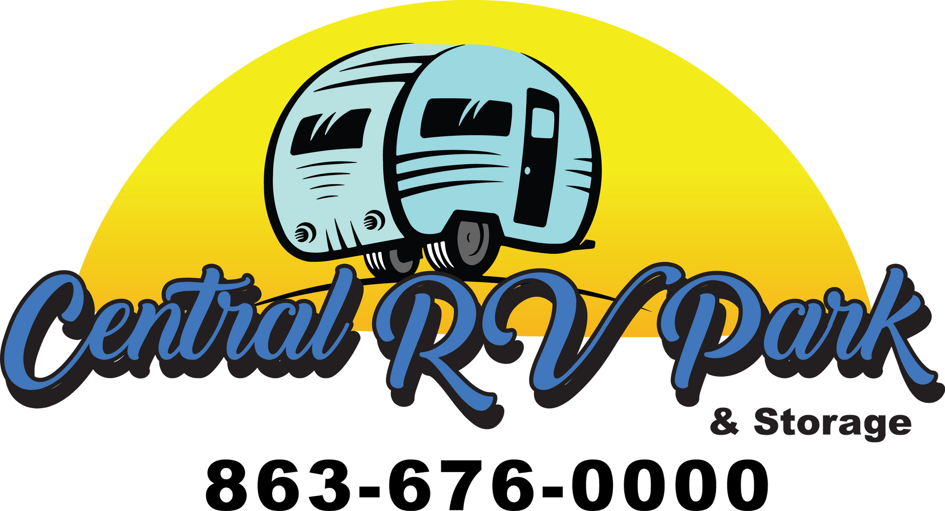 Logo for Central RV Park: Two light blue RVs, yellow sun, blue text, phone number 863-676-0000.