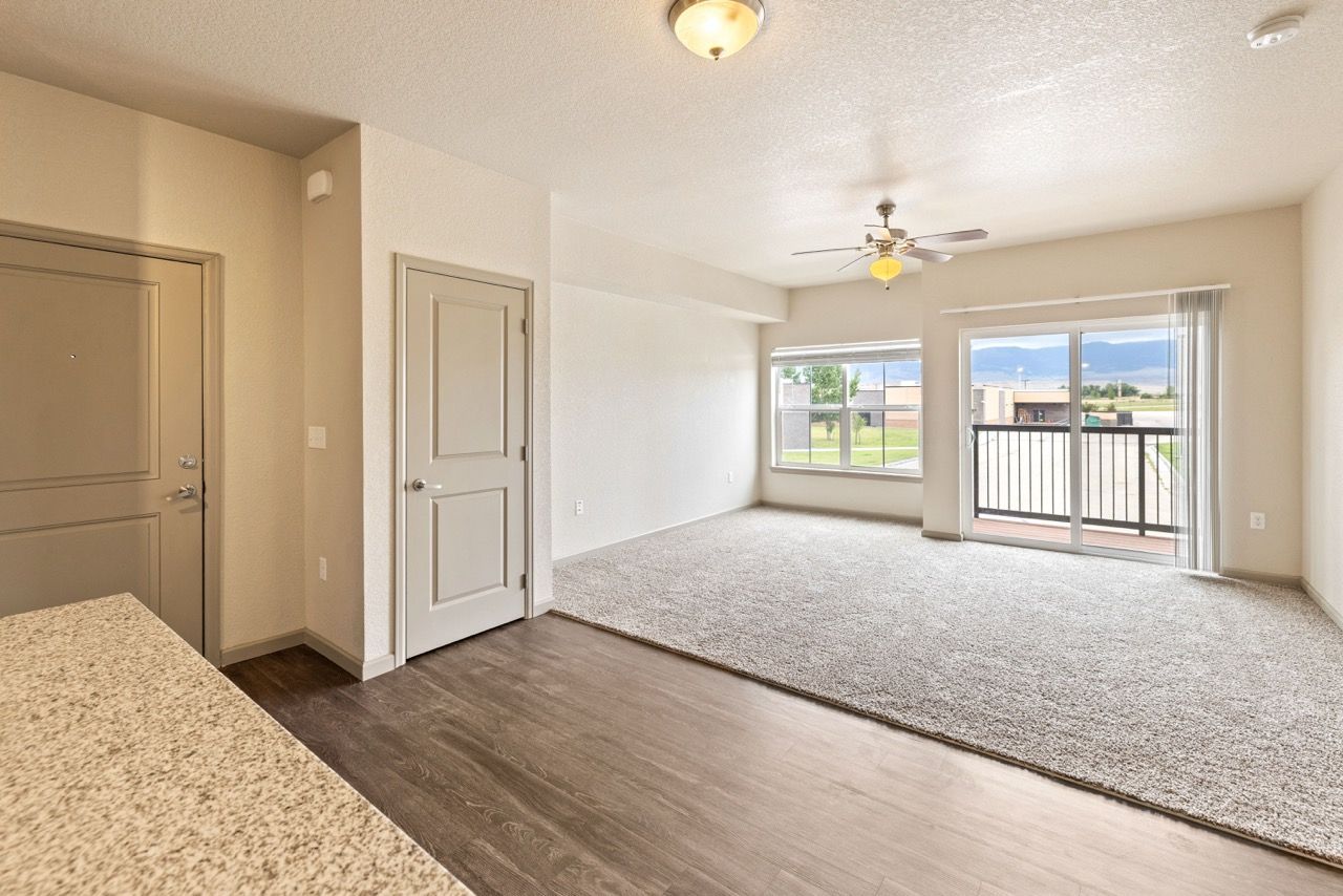 Open living area with carpet, large window and sliding balcony door; kitchen counter edge visible.