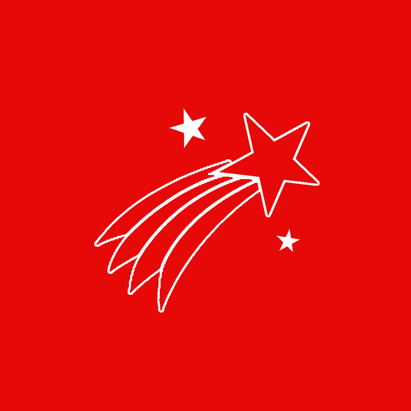Red background with a white shooting star and three smaller stars.